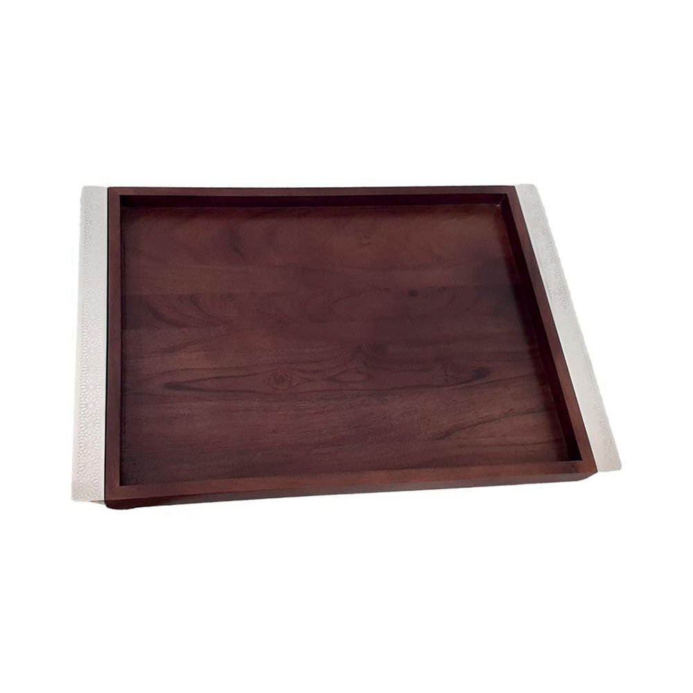 Rectangular wooden tray with 44x33cm silver metal handles