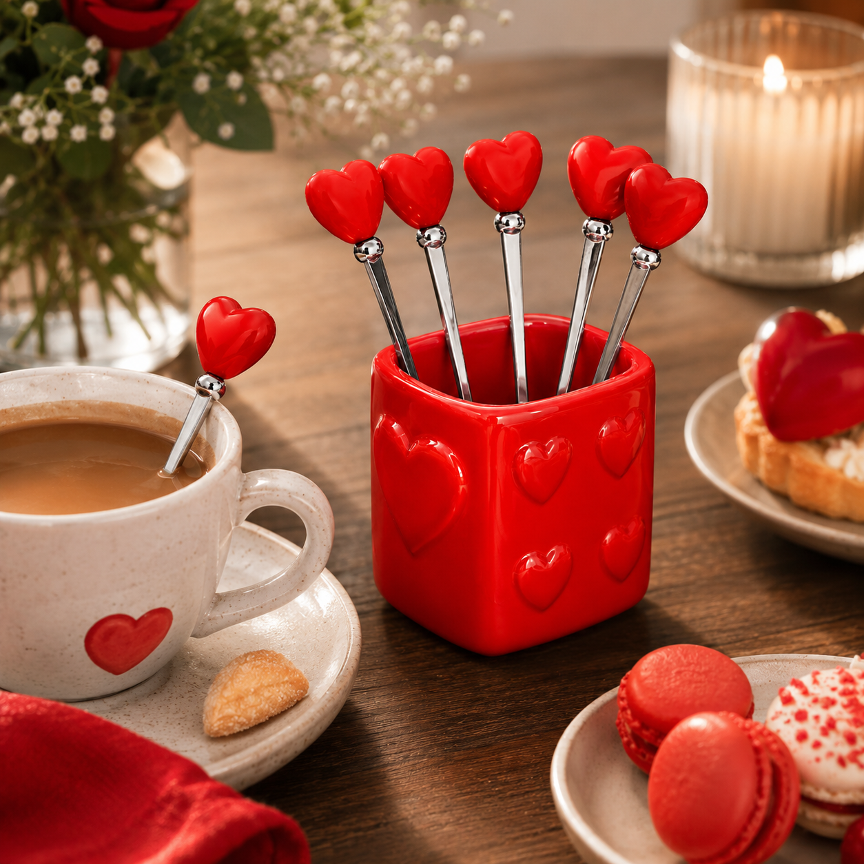 Aulica Red Heart Teaspoons with Holder, Set of 6 close-up view