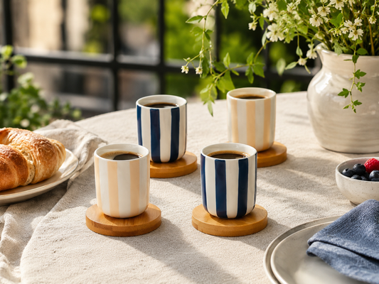Aulica Striped Coffee Cups with Wooden Saucers – Set of 4 product view 2