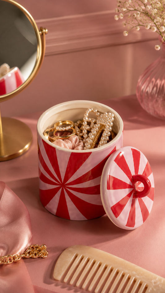 Red & Pink Swirl Storage Jar – 11 × 11 × 14.5 cm