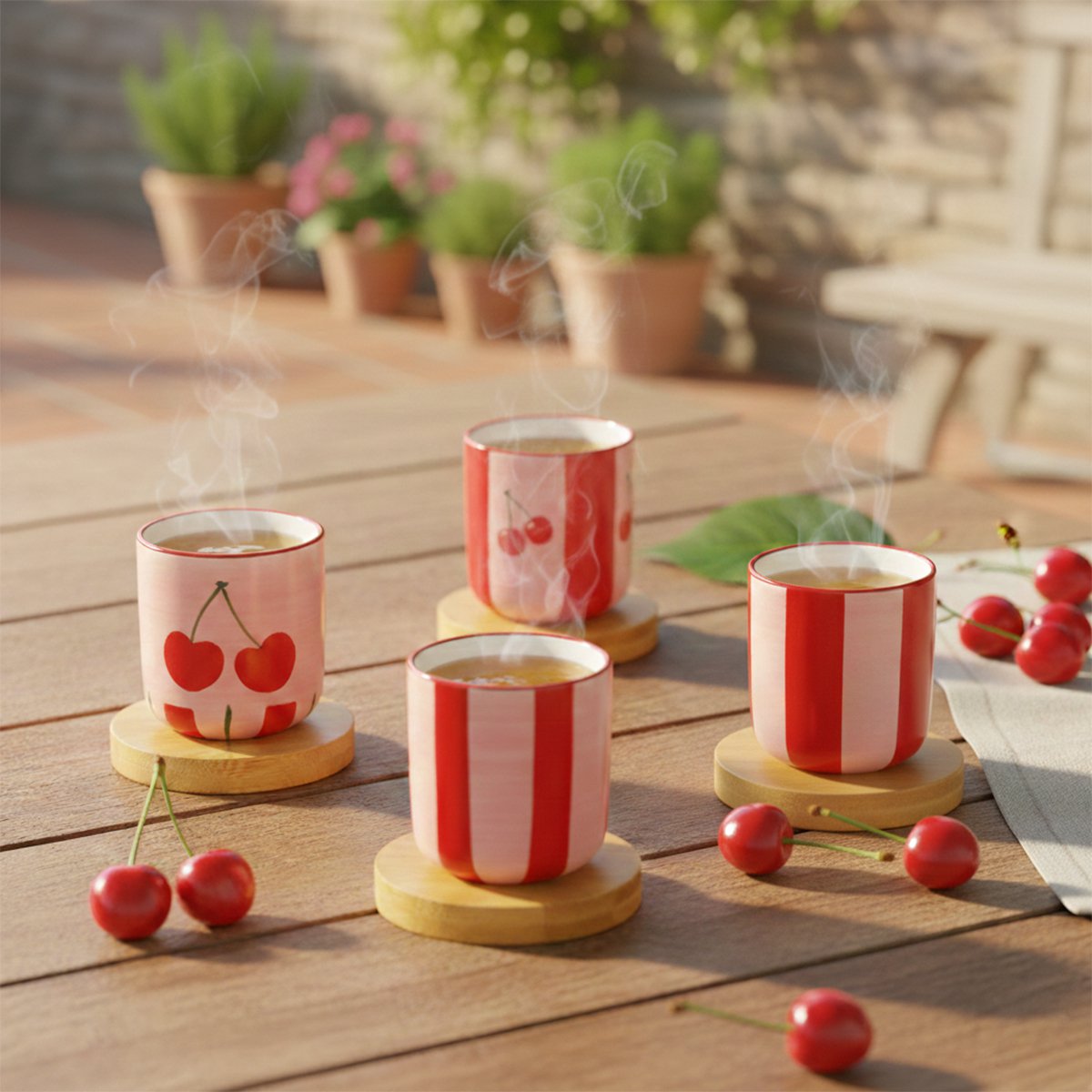 Cherry coffee cups with wooden saucers - set of 4 product view 2