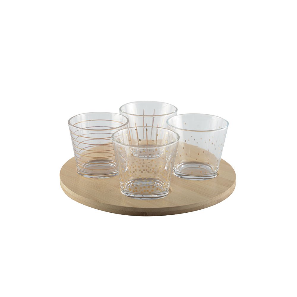 Golden cups with wooden tray - Lot of 4
