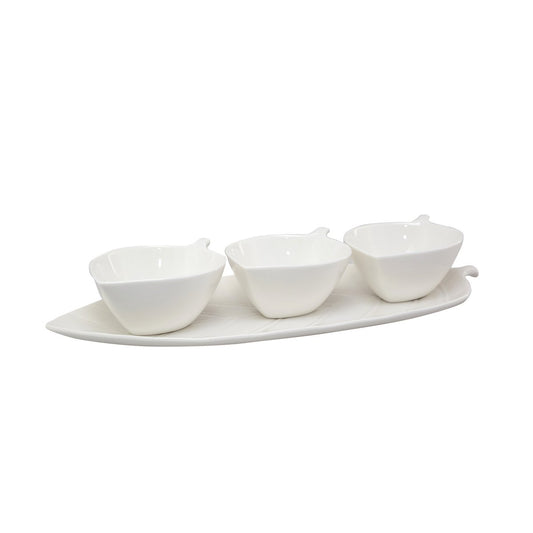 Aulica White Appetizer Bowls with Leaf Tray – Set of 3