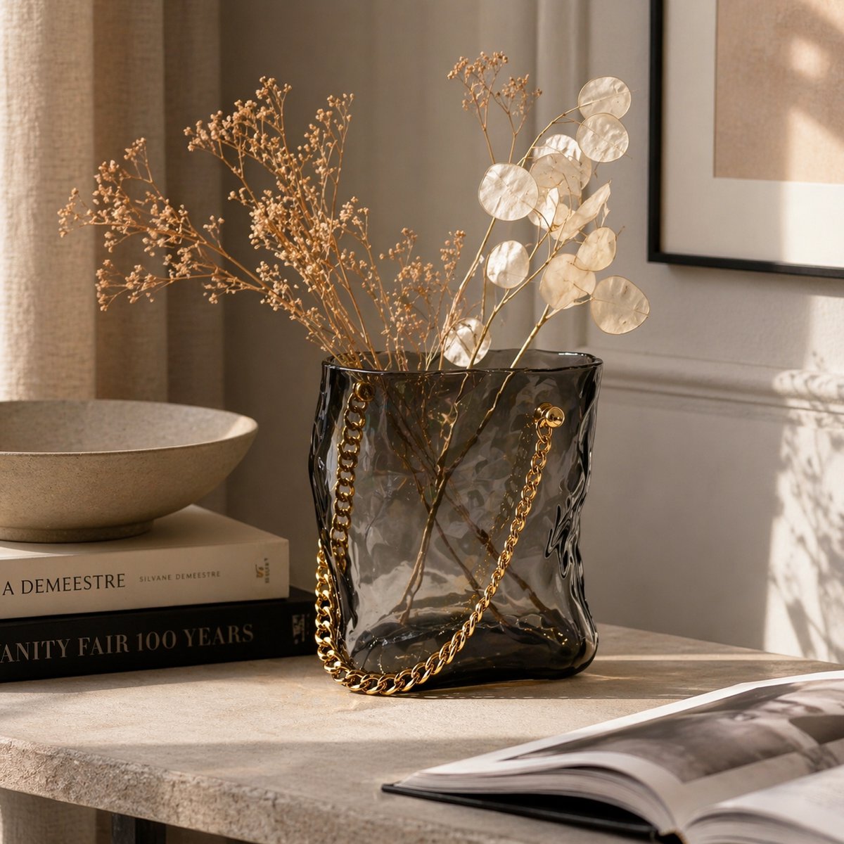 Transparent Black Glass Handbag Vase with Silver Handle – 20 × 12 × 24 cm product view 3