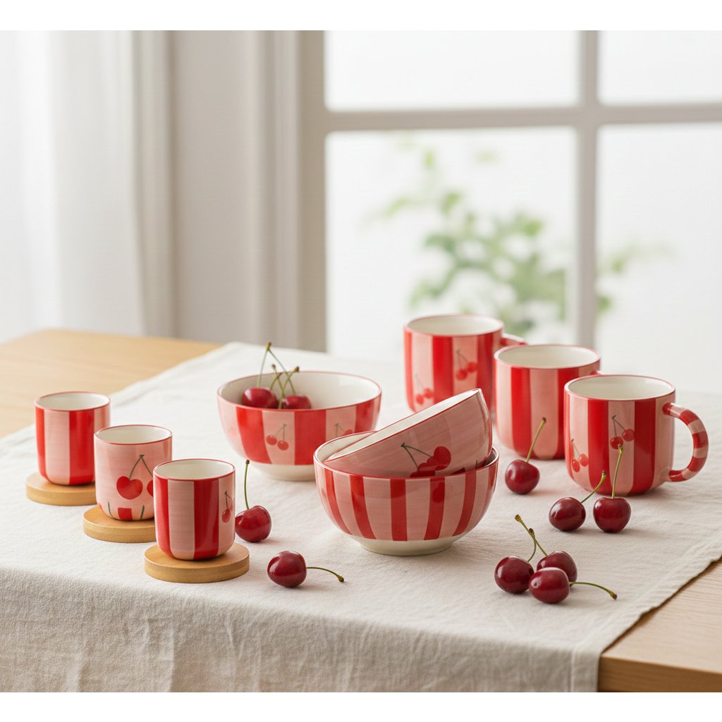 Cherry coffee cups with wooden saucers - set of 4 product view 3