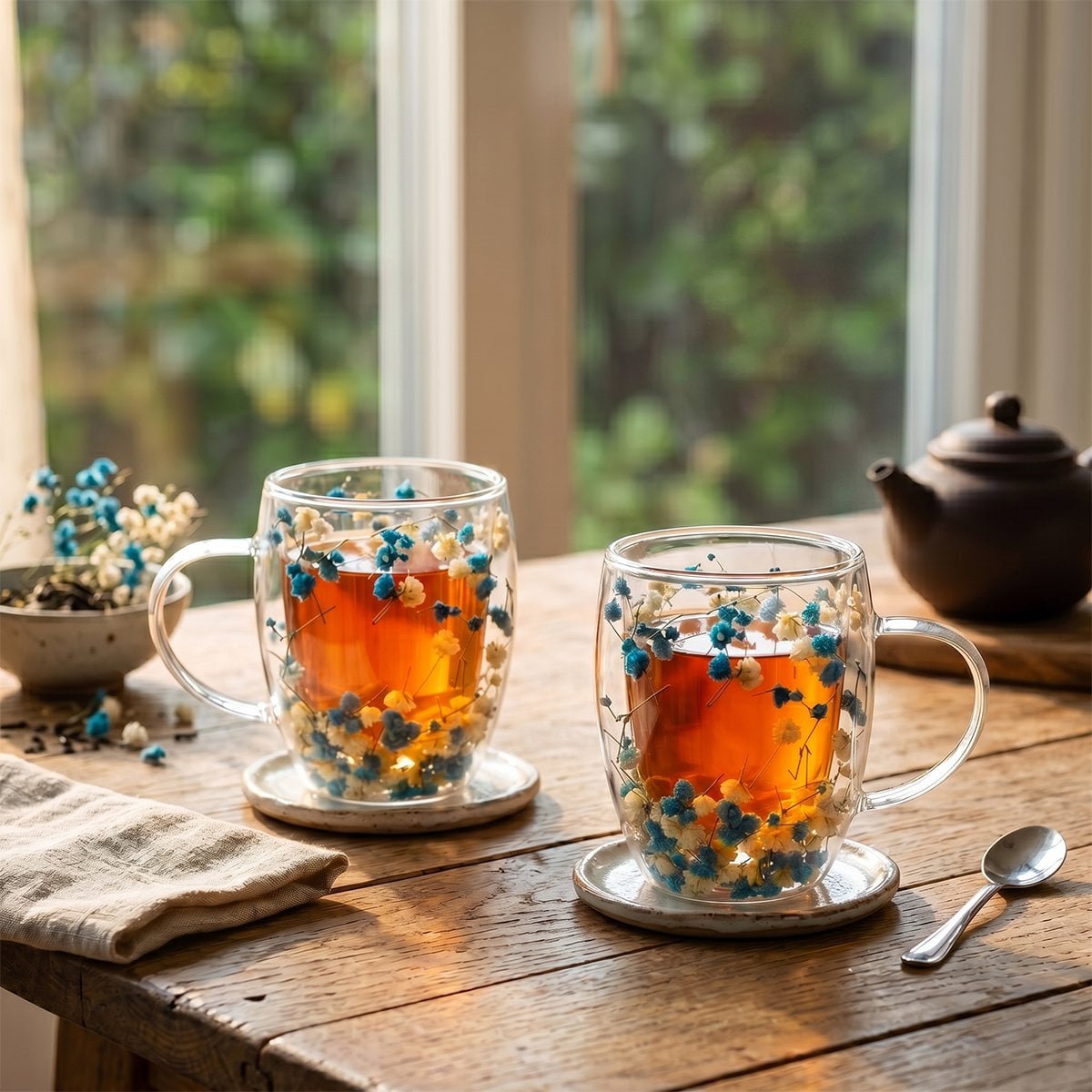 Double -wall tea cups blue and white flowers 350ml -lot of 2 product view 2