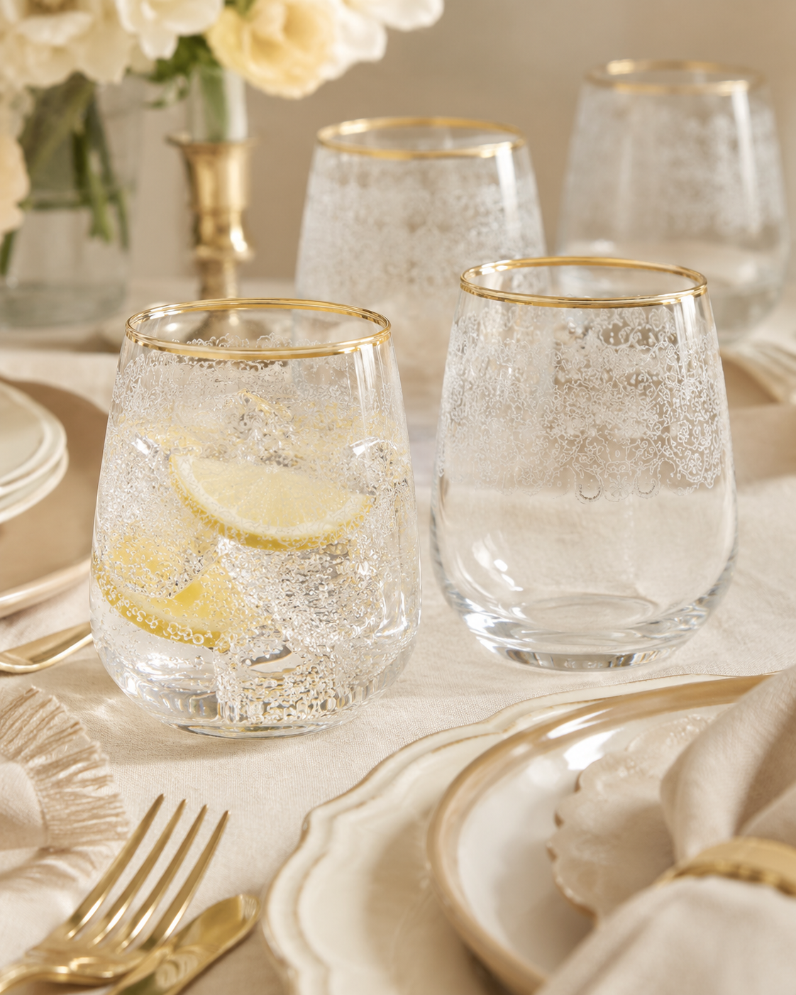 Aulica Gold Rim Water Glasses Set of 6 angled view
