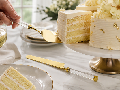 Aulica Gold Cake Server & Knife Set with Transparent Handles front view
