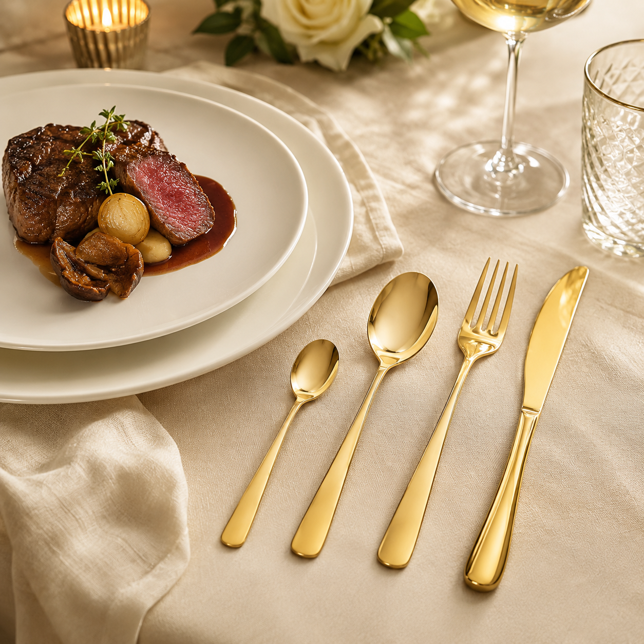 Aulica Brilliant Champagne 24-Piece Cutlery Set angled view