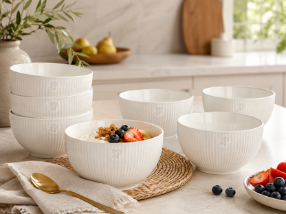 White Ribbed Porcelain Bowl Set of 6 – 14 cm angled view