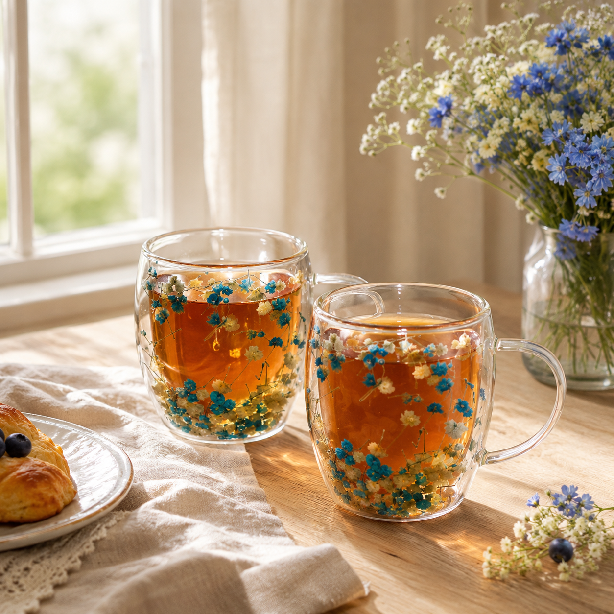 Aulica Blue & White Floral Double-Wall Tea Cups – Set of 2, 350 ml