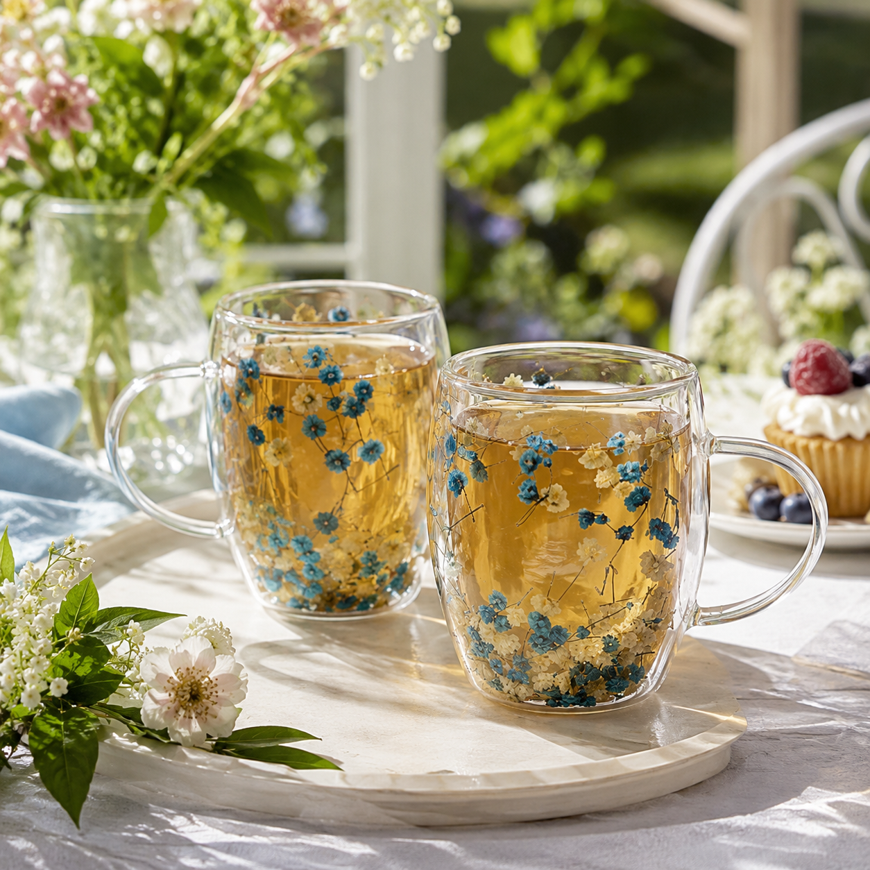 Aulica Blue & White Floral Double-Wall Tea Cups – Set of 2, 350 ml product view 2