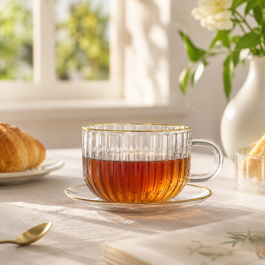 Aulica Gold-Rim Glass Cups with Saucers – Set of 2, 400 ml