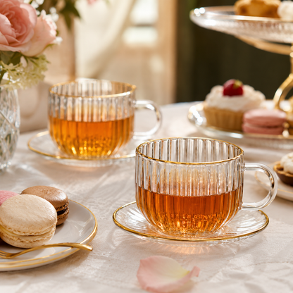 Aulica Gold-Rim Glass Cups with Saucers – Set of 2, 400 ml product view 2