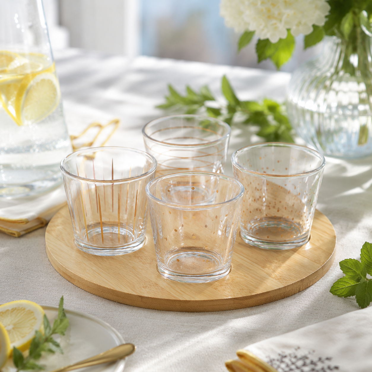 Aulica Gold Appetizer Bowls with Wooden Tray – Set of 4