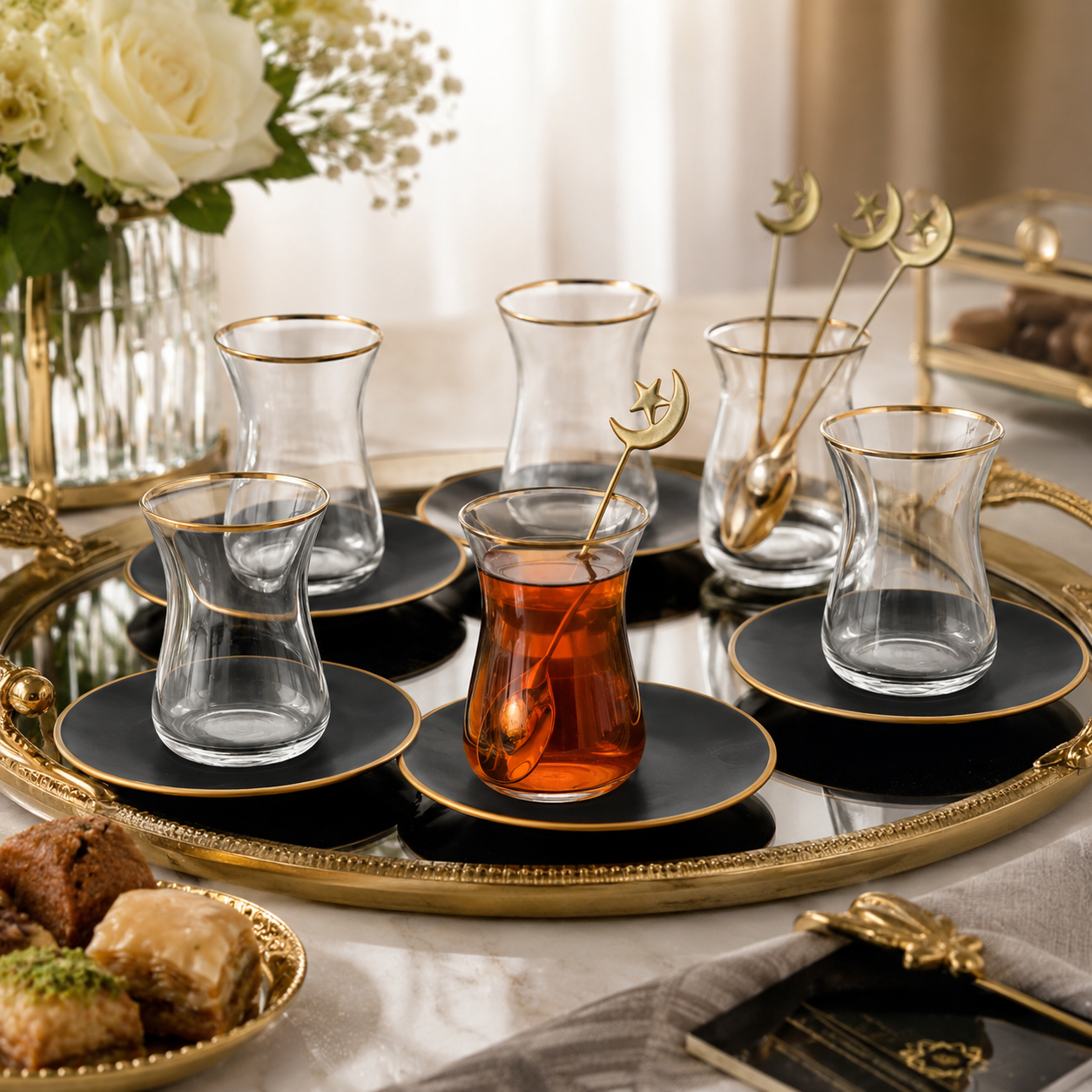 Aulica Black & Gold Tea Cups with Saucers – Set of 6