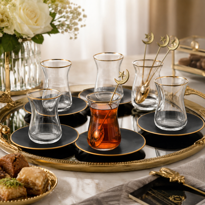 Aulica Black & Gold Tea Cups with Saucers – Set of 6