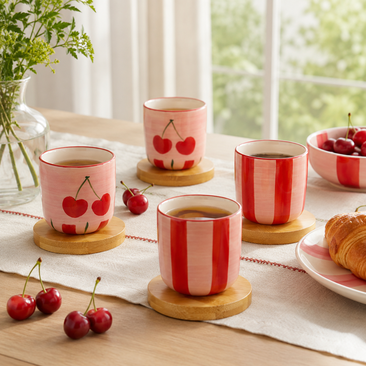 Aulica Cherry Coffee Cups with Wooden Saucers – Set of 4