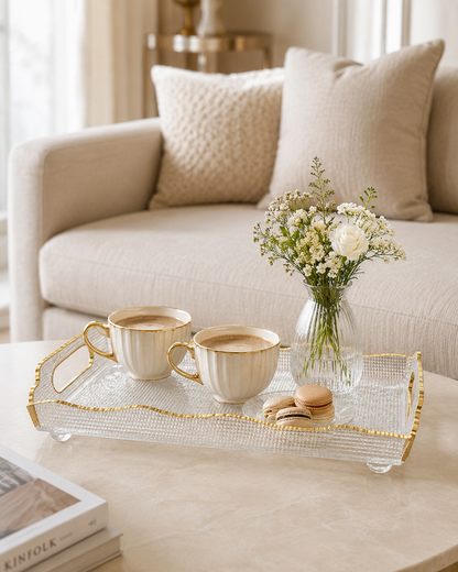 Aulica Gold-Rim Rectangular Glass Serving Tray – 38 × 17.5 × 9.5 cm