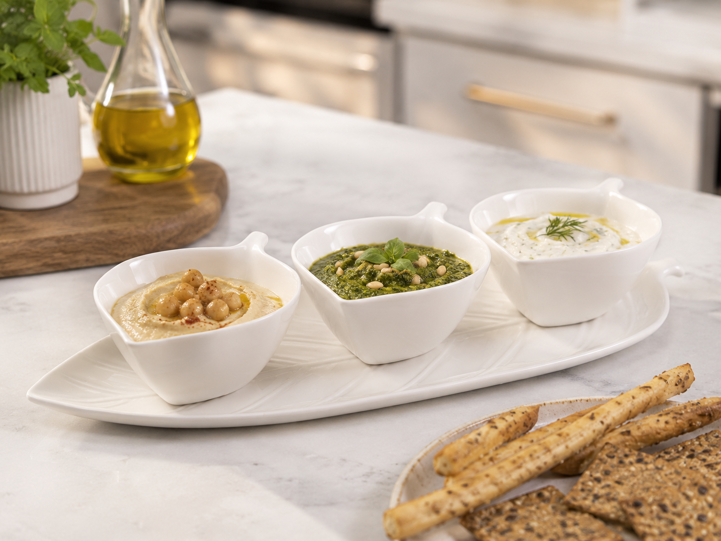 Aulica White Appetizer Bowls with Leaf Tray – Set of 3 product view 5