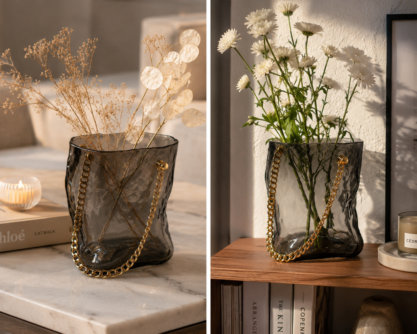 Transparent Black Glass Handbag Vase with Silver Handle – 20 × 12 × 24 cm product view 4