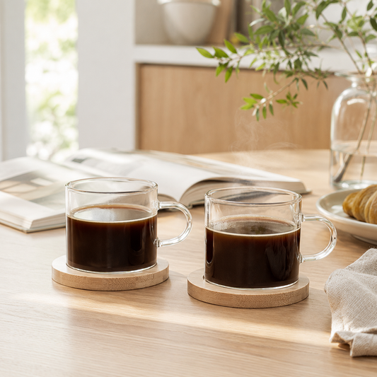 Clear Tea Cups with Bamboo Saucers – Set of 2 product view 2