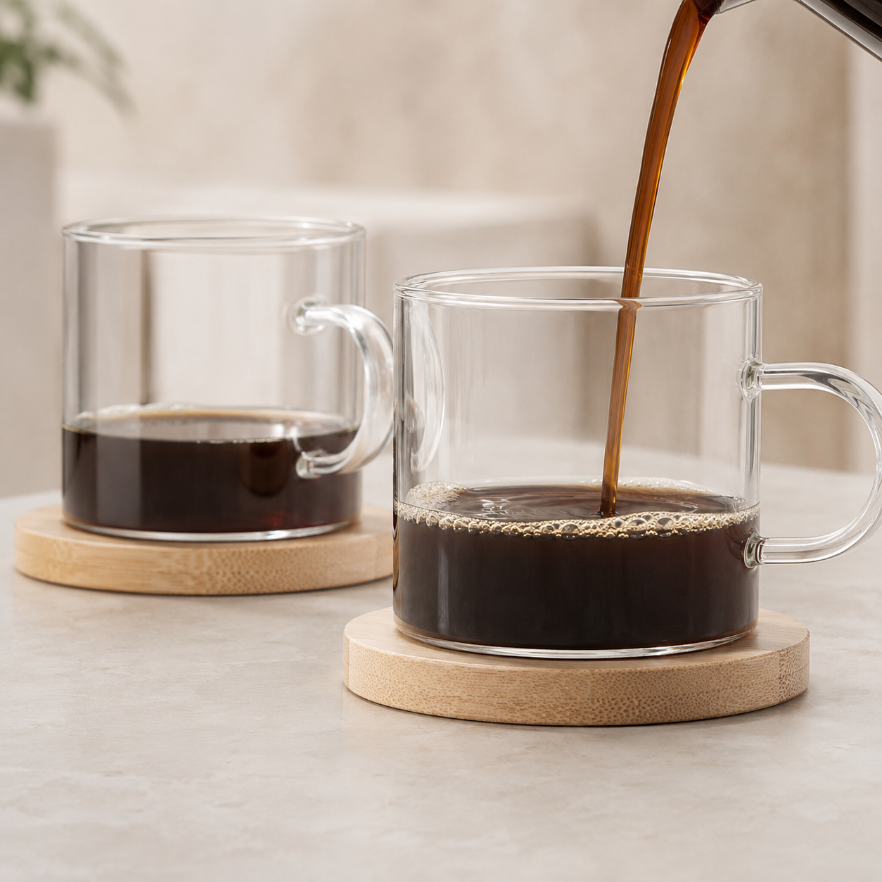 Clear Tea Cups with Bamboo Saucers – Set of 2 product view 3