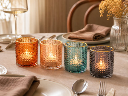 Aulica Multicolour Gold-Rim Candle Holders – Set of 4, 8 × 8 × 9 cm