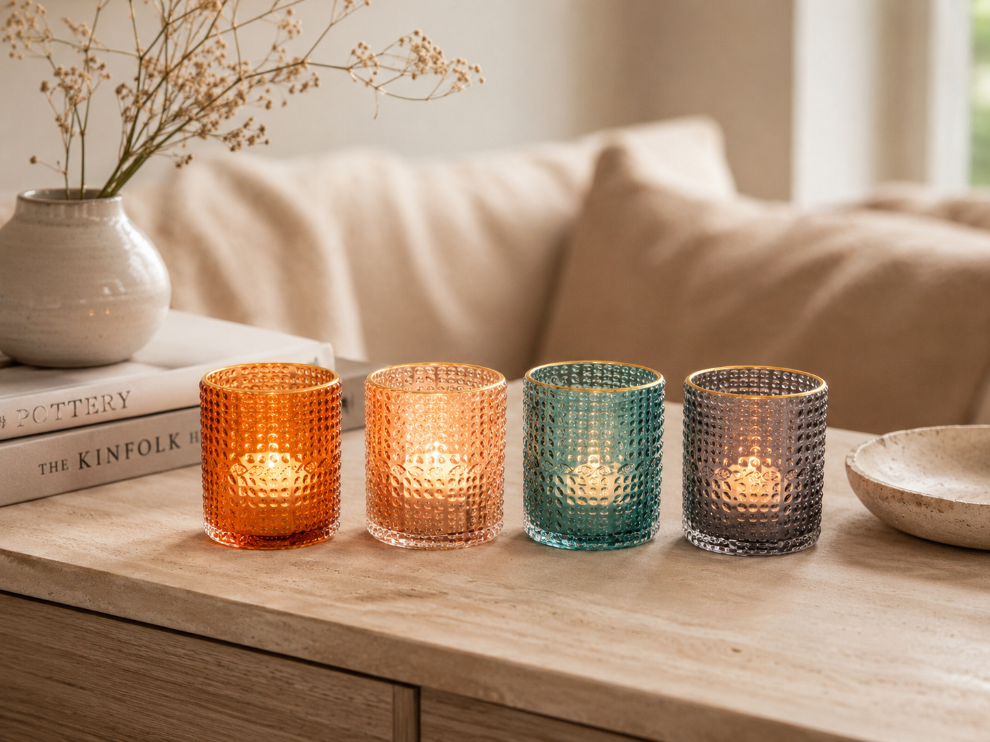 Aulica Multicolour Gold-Rim Candle Holders – Set of 4, 8 × 8 × 9 cm product view 3