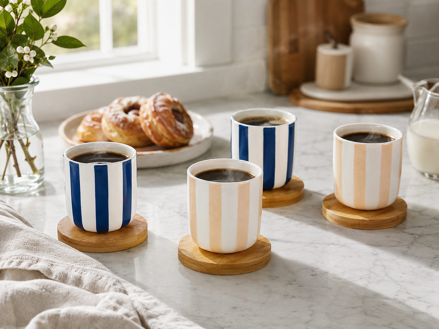 Aulica Striped Coffee Cups with Wooden Saucers – Set of 4