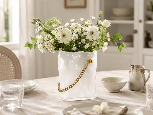 Aulica White Glass Handbag Vase with Gold Handle – 20 × 12 × 24 cm product view 2