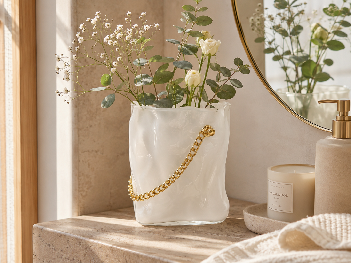 Aulica White Glass Handbag Vase with Gold Handle – 20 × 12 × 24 cm product view 3