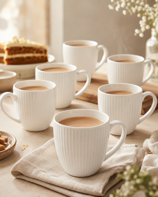 White Ribbed Coffee Mug Set of 6 front view