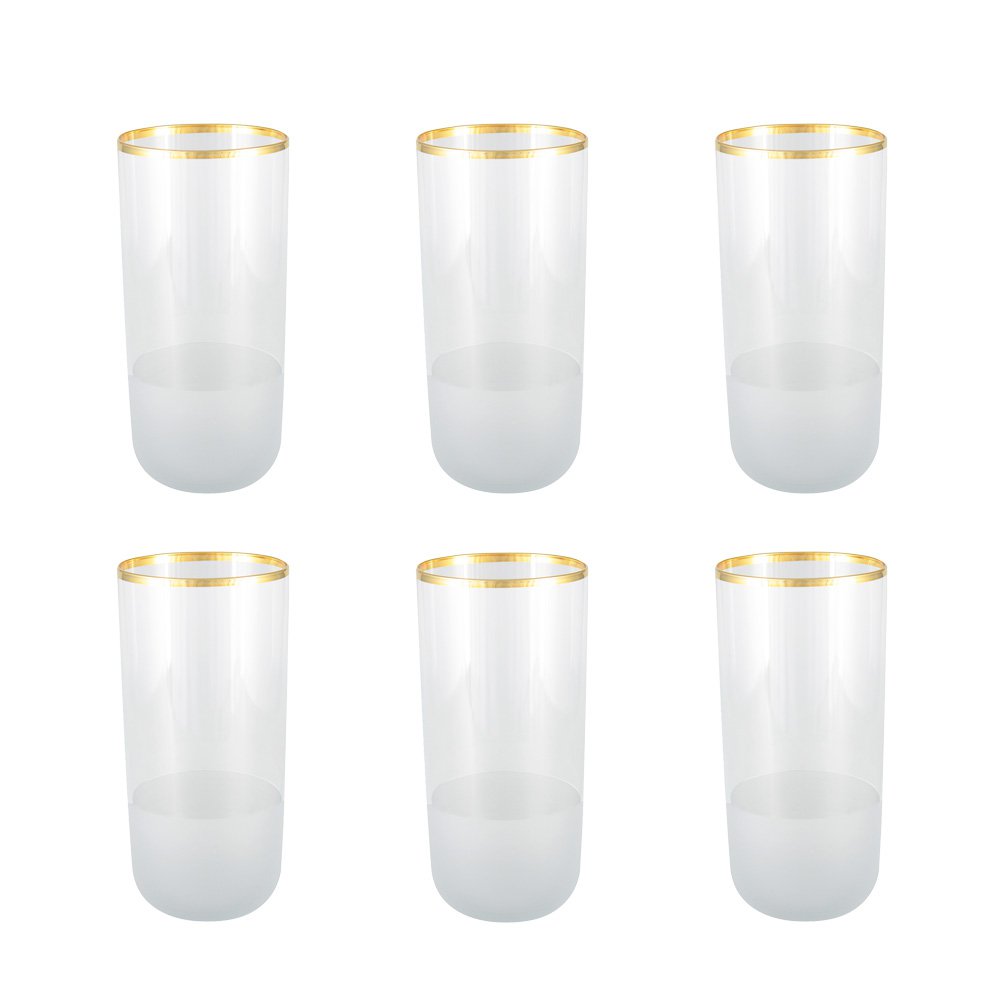 Aulica gold rim high water glasses set of 6, transparent tall glasses with gold detail