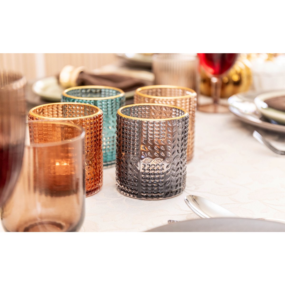 Aulica Multicolour Gold-Rim Candle Holders – Set of 4, 8 × 8 × 9 cm product view 4