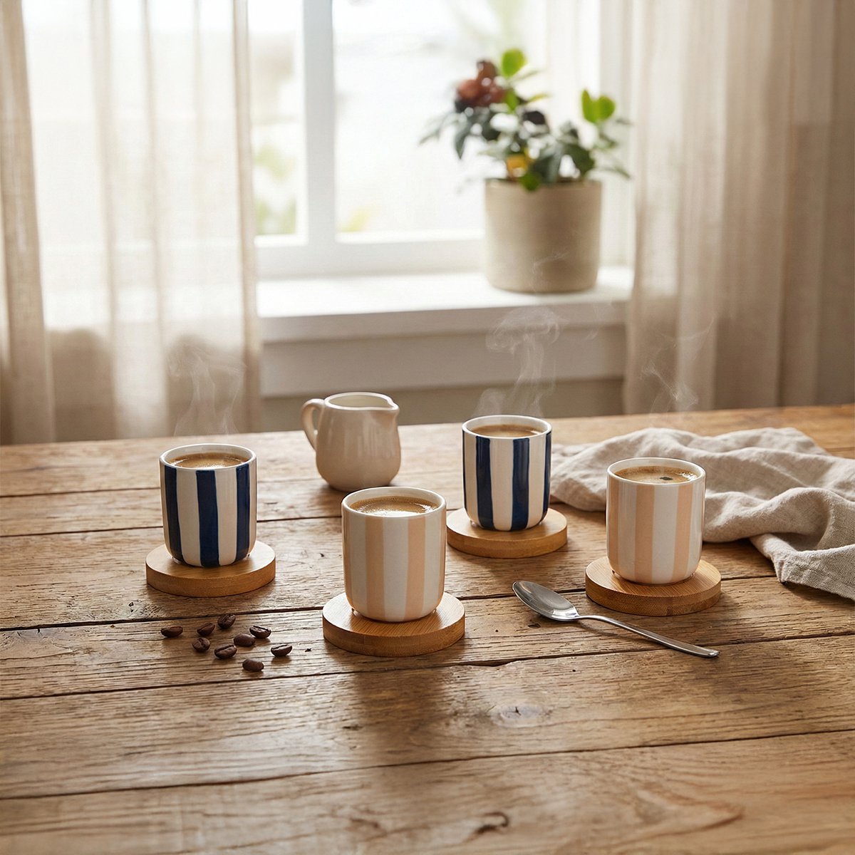Aulica Striped Coffee Cups with Wooden Saucers – Set of 4 product view 5