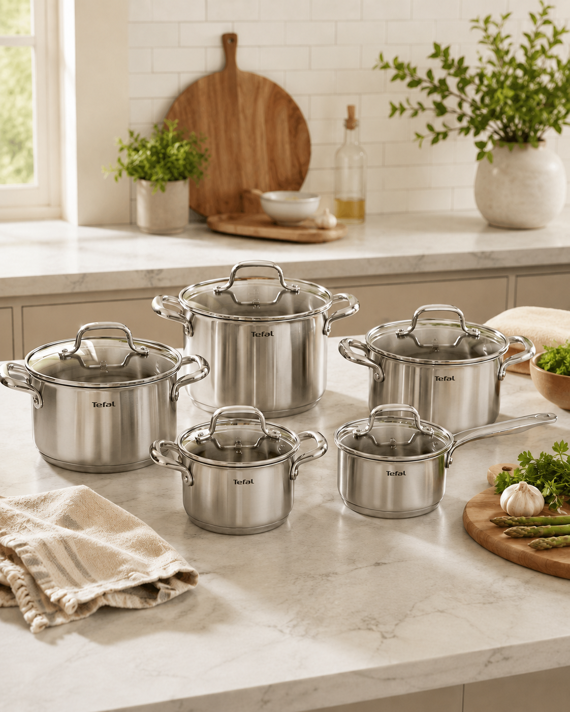 Tefal Virtuoso 5-Piece Stainless Steel Pan Set front view