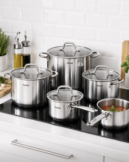 Tefal Virtuoso 5-Piece Stainless Steel Pan Set angled view
