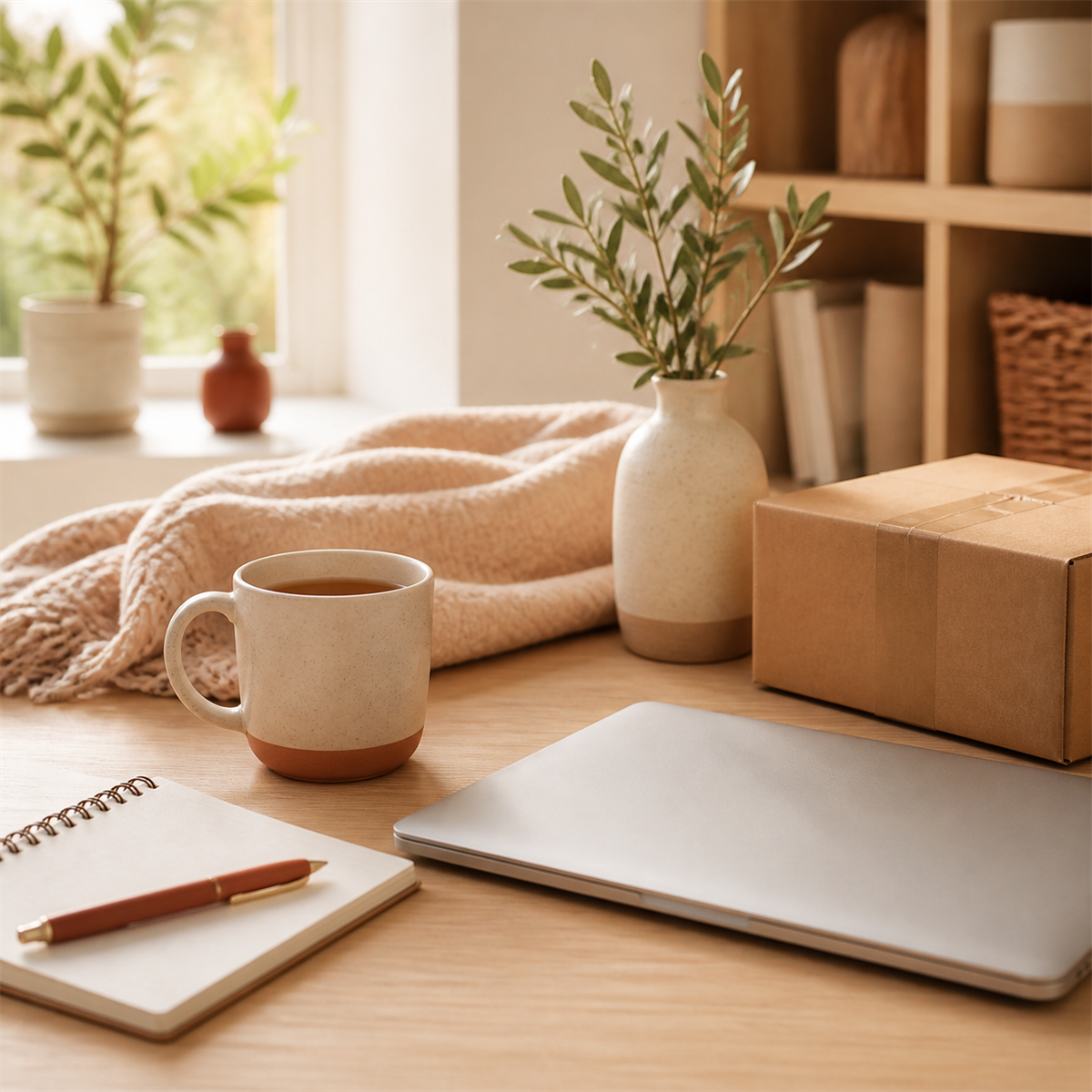 Yira Home destek için defter, kupa ve paketle hazırlanmış sıcak bir çalışma masası