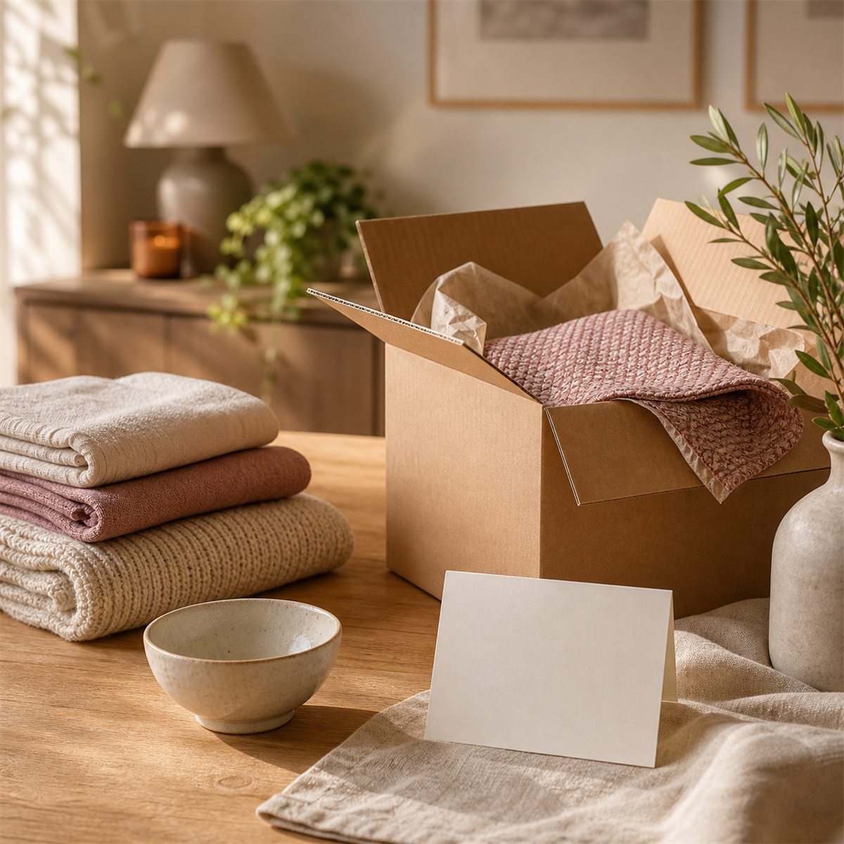Organized return parcel with folded textiles in warm daylight